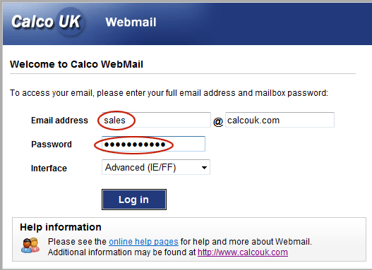 The webmail login screen
