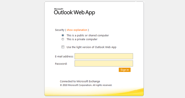 Outlook Web Access log in screen