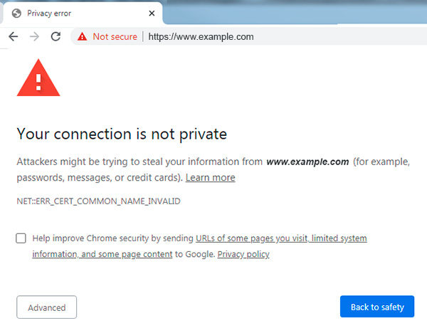 Google Chrome SSL error warning message